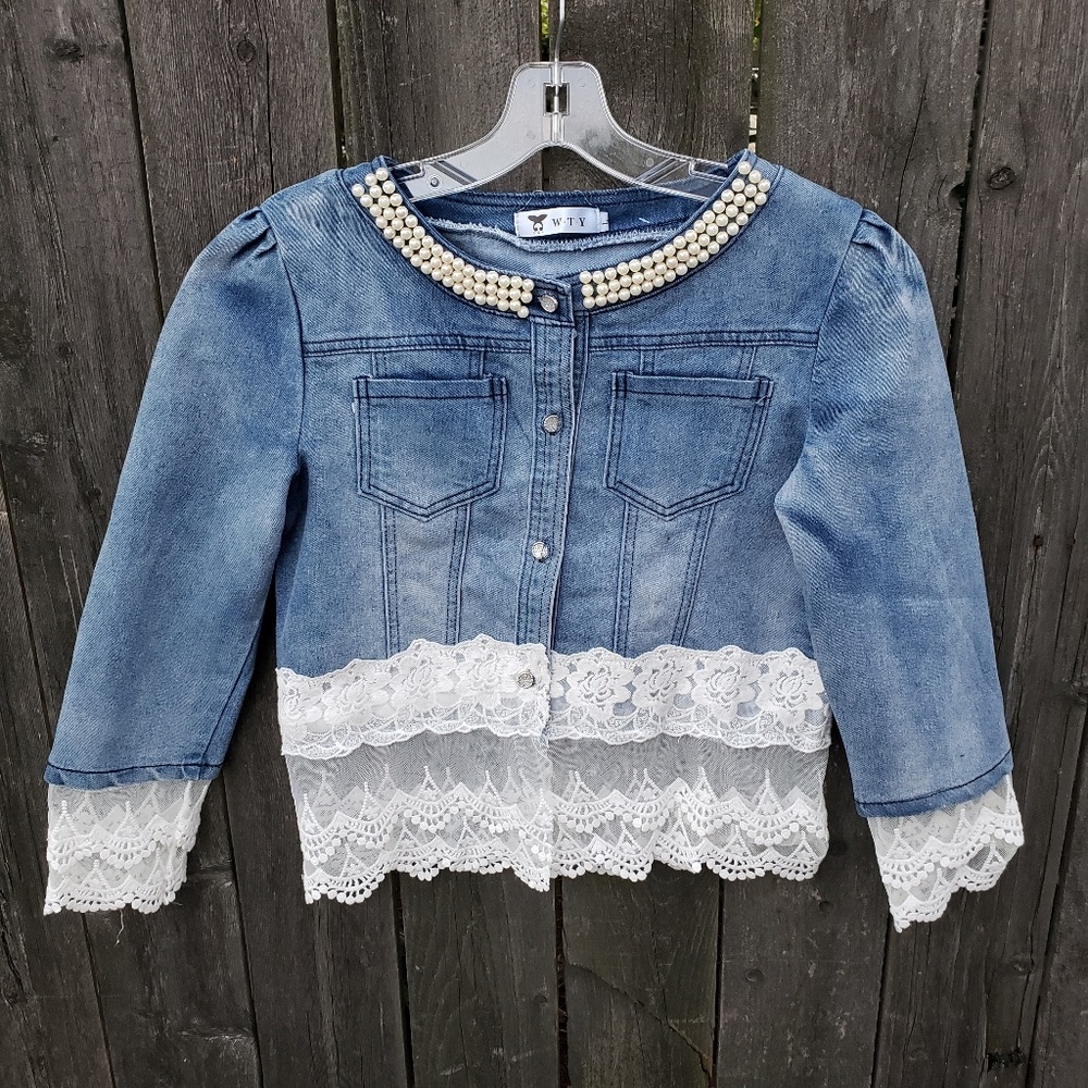Womens Denim Collar Beads Jacket L (M) Blue Layer - Picture 3 of 8